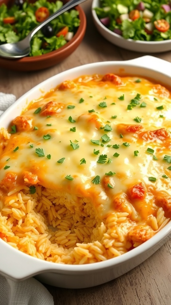 Cheesy chicken and rice casserole in a white dish, garnished with parsley, on a rustic table.